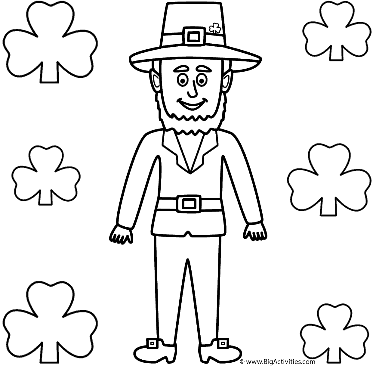Leprechaun with Shamrocks Coloring Page (St. Patrick's Day)