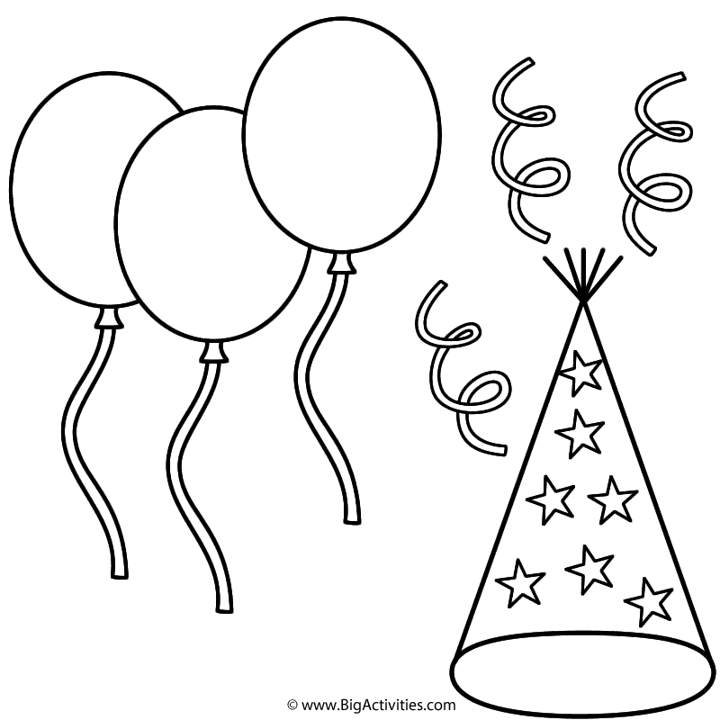 Balloons with Party Hat and Streamers - Coloring Page (Canada Day)