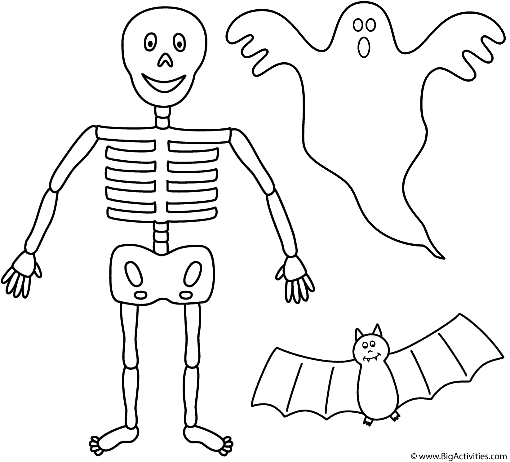 Skeleton with bat and ghost Coloring Page Halloween