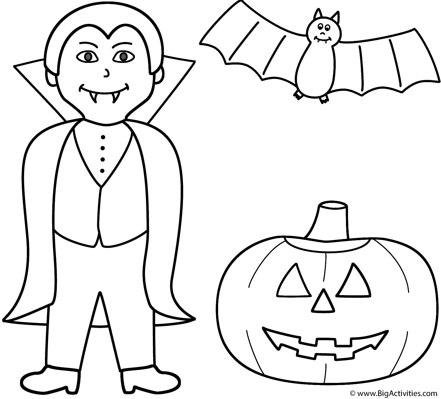 Download Vampire with pumpkin/jack-o-lantern and bat - Coloring Page (Halloween)