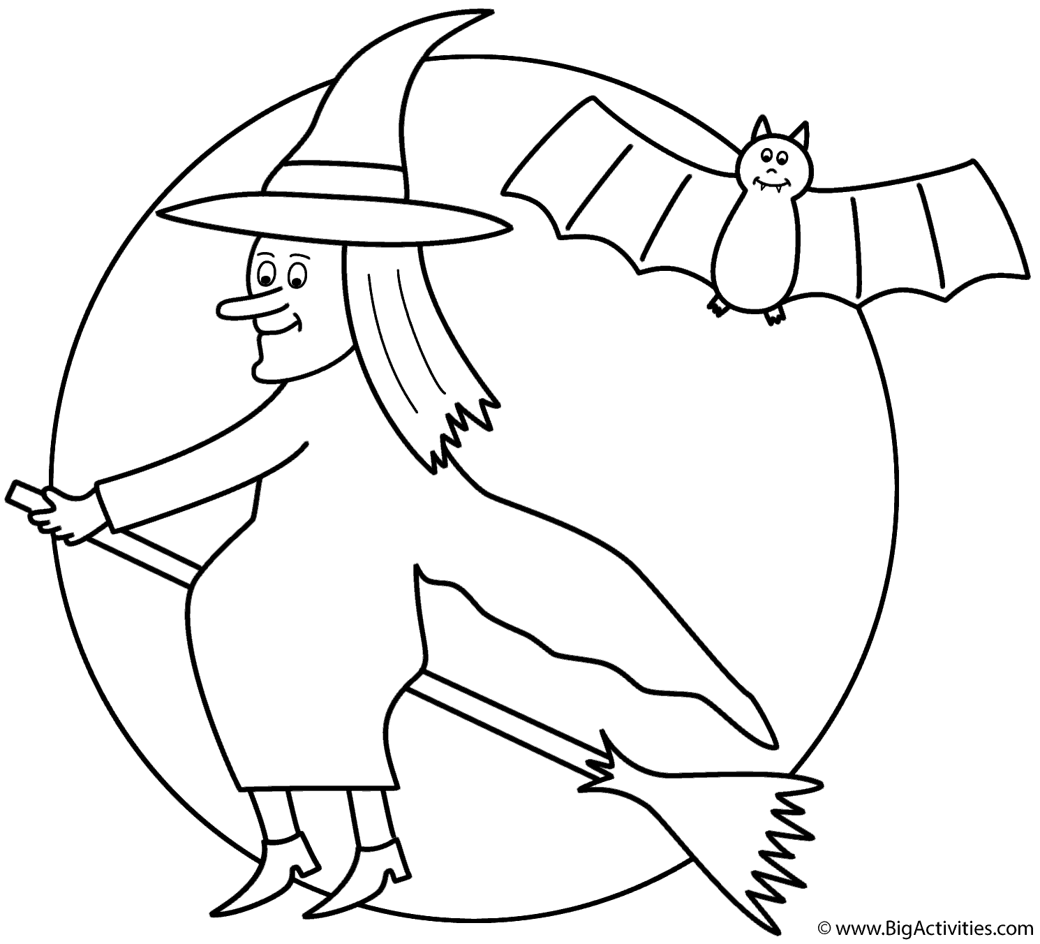 Download Witch on broom with the moon and bat - Coloring Page (Halloween)
