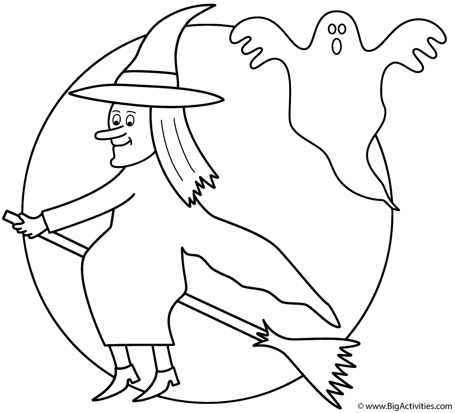 Witch on broom with the moon and ghost - Coloring Page (Halloween)