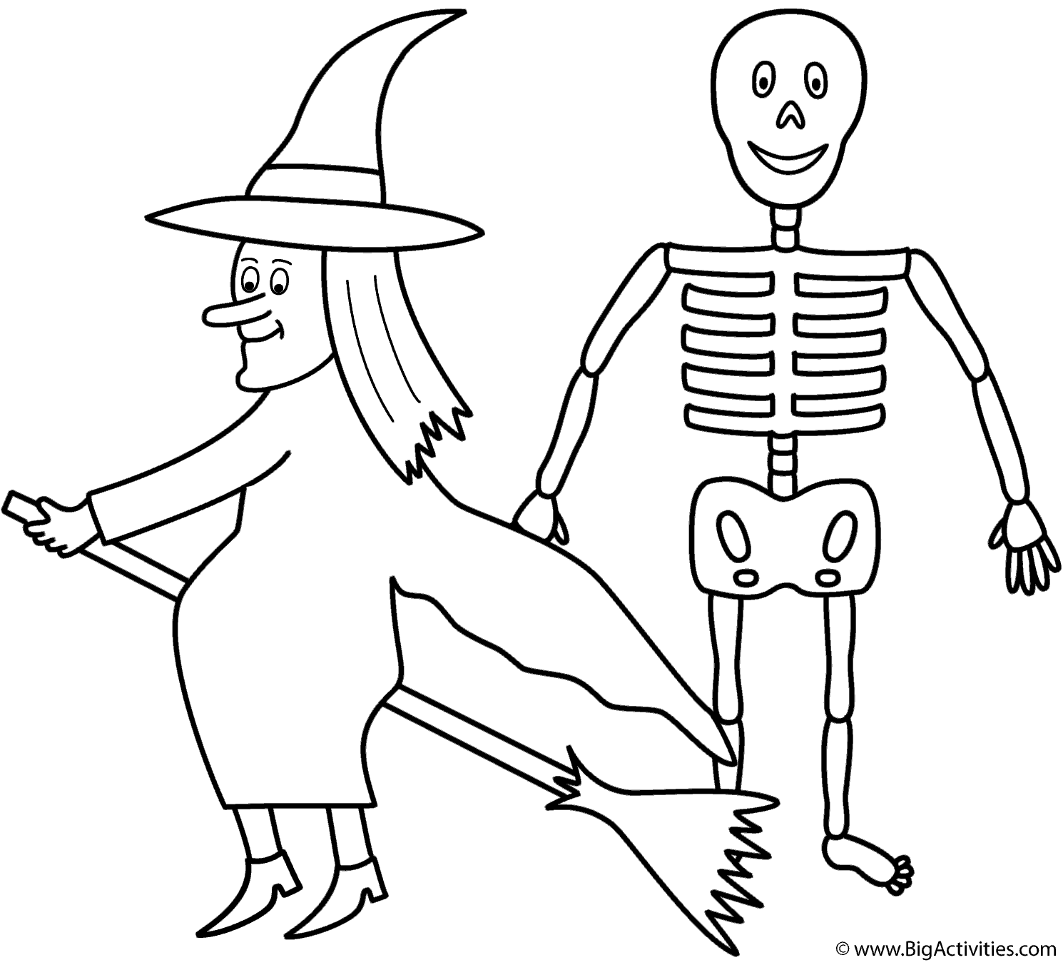 Witch with skeleton - Coloring Page (Halloween)