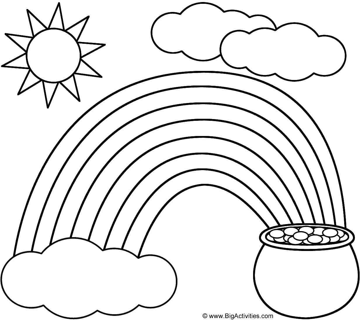  Rainbow  Pot of Gold Sun and Clouds  Coloring  Page  Nature 