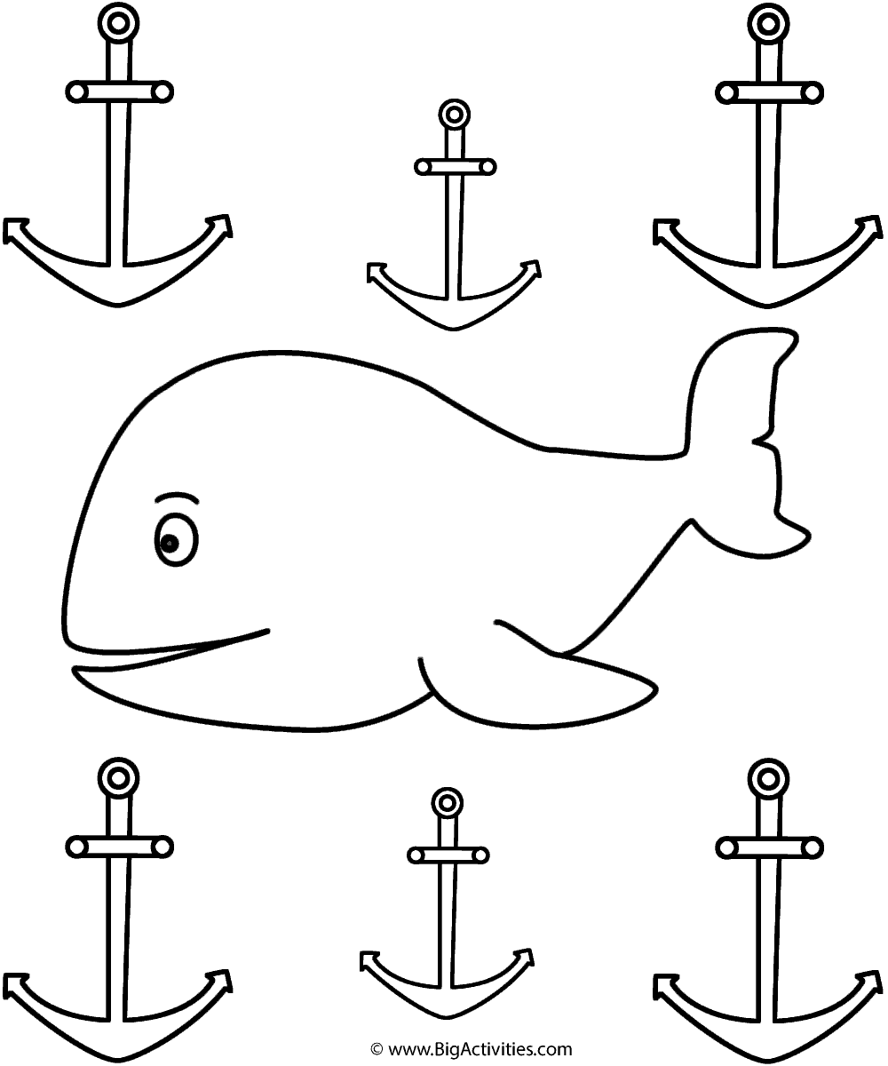 Whale with Anchors - Coloring Page (Sea/Marine)
