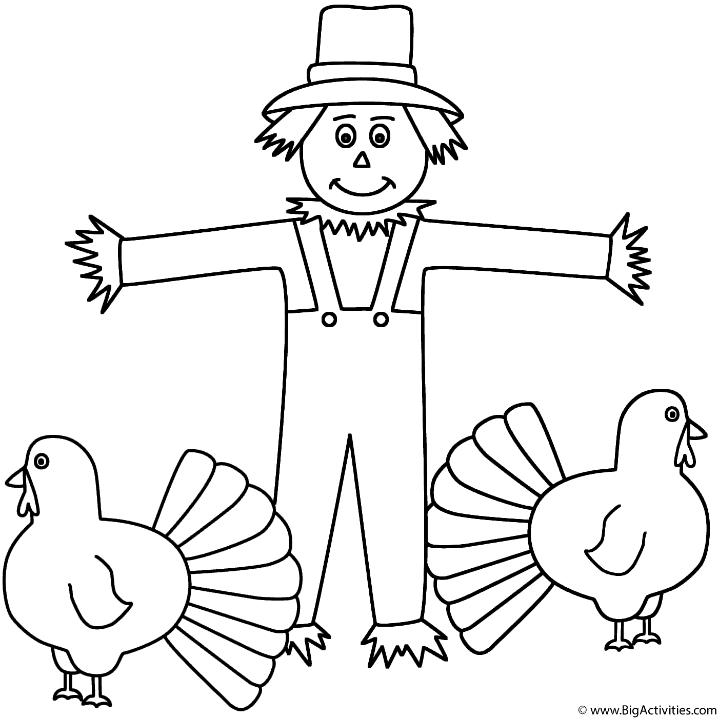 Download Turkeys with scarecrow - Coloring Page (Thanksgiving)