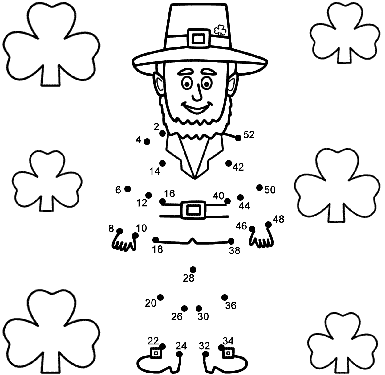 Leprechaun with Shamrocks - Connect the Dots, count by 2's (St. Patrick